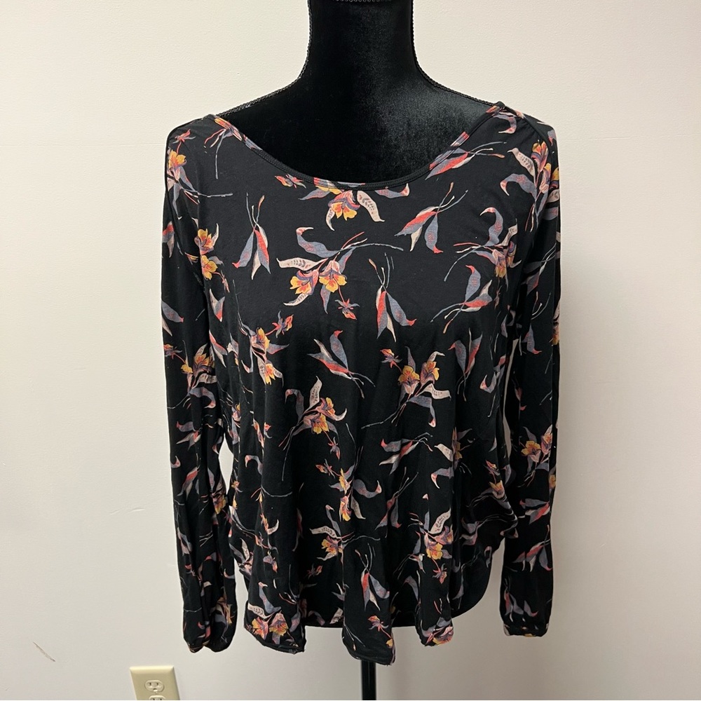 Free People Black Floral Blouse with Open Back